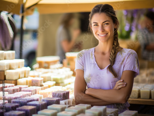 Happy smiling woman working at a handmade soap store, farmers market, small business owner