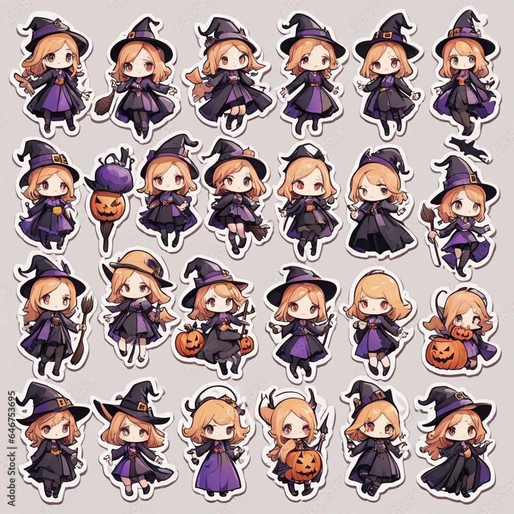 collection of Halloween witch character stickers on white background, Chibi cute style collection of Halloween witch character stickers on white background, Chibi cute style