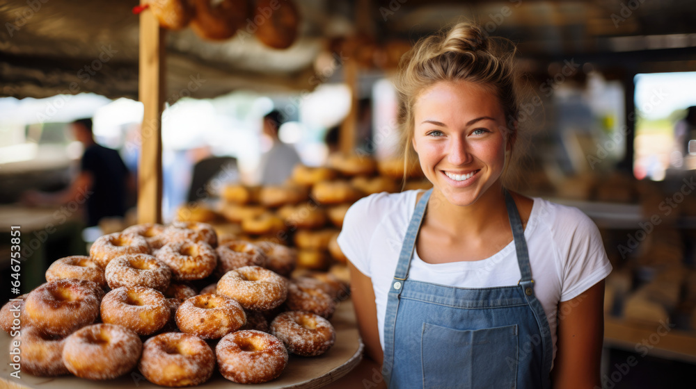 Happy smiling woman working at a donut and bagel store, small business owner