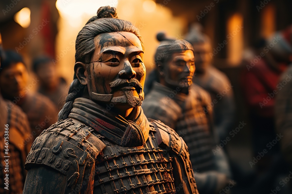 Terracotta Army: Rows of terracotta soldiers guarding the tomb of China's first emperor.Generated with AI