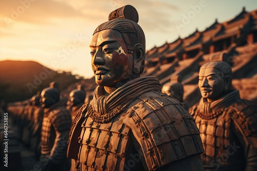 Terracotta Army: Rows of terracotta soldiers guarding the tomb of China's first emperor.Generated with AI