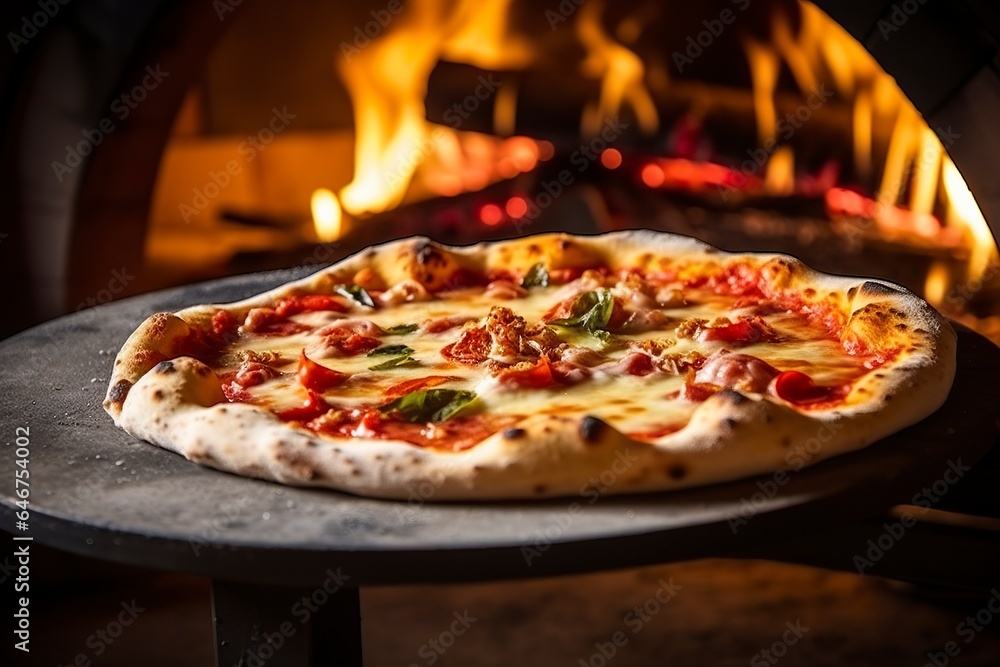 Freshly baked pizza closeup, traditional wood fired oven background. 