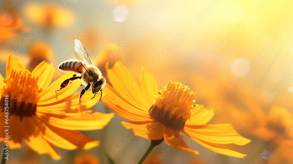 Fall Summer Bee bees pollinate flowers in the morning fog of the last days of summer ...