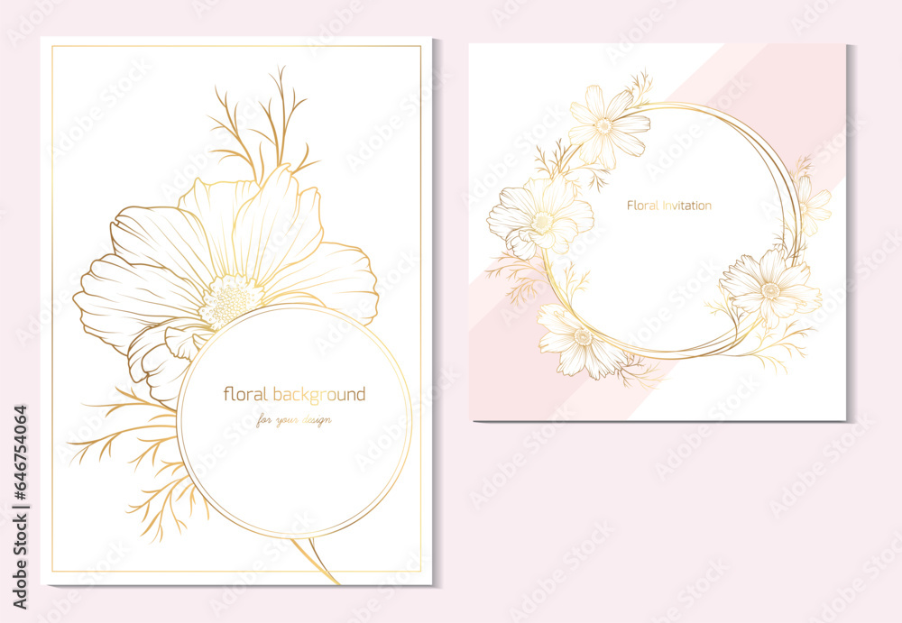 Gold line floral wedding frame with dahlia and cosmos flowers. Invitation minimal card template. Gold line floral wedding frame with dahlia and cosmos flowers. Invitation minimal card template.