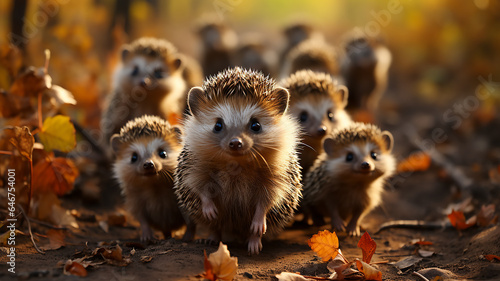 family group of hedgehogs posing in the autumn forest, community collective wildlife leaf fall in October © kichigin19
