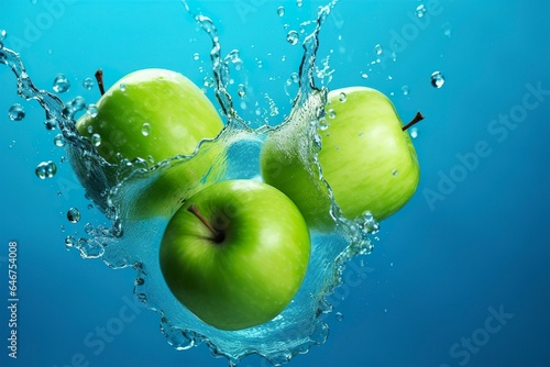 Fresh green apples fall into the water with a splash on blue background.