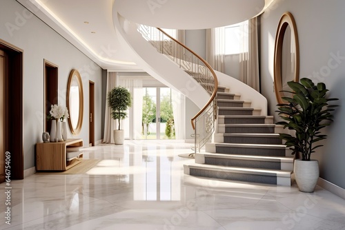 The interior design of the modern entrance hall with a staircase in the villa. 