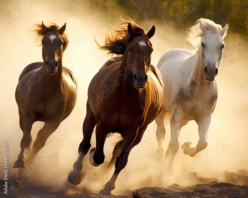 A group of horses running on the land. 