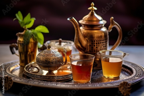 Traditional Moroccan tea set with decorative teapots, glasses, and mint leaves. 