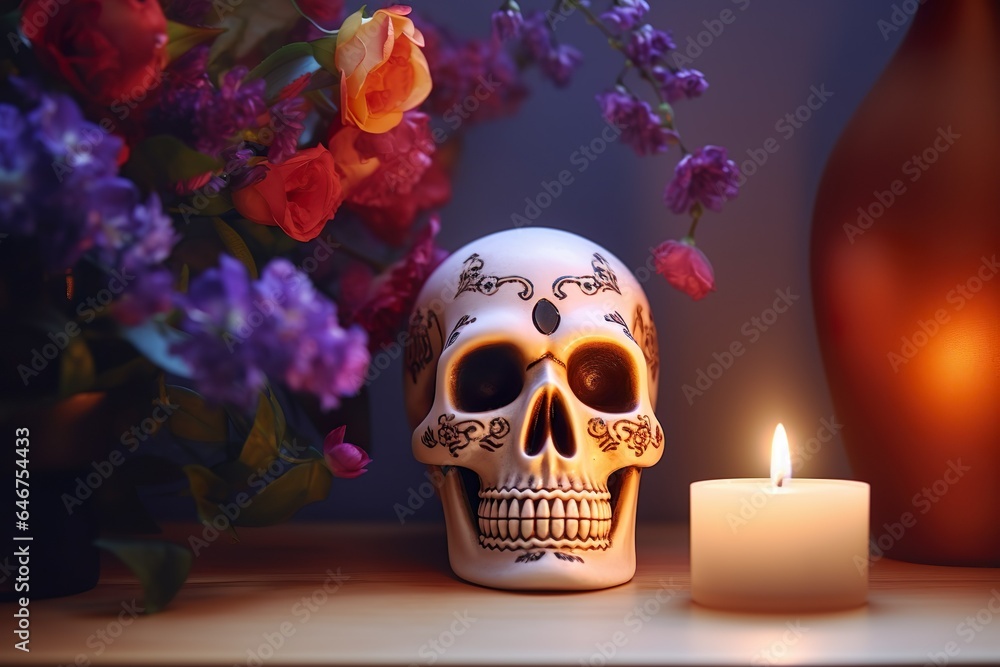 Day of the dead skull surrounded by candles and flowers Mexican skull sugar skull Dia de los muertos concept Day of the dead skull surrounded by candles and flowers Mexican skull sugar skull Dia de los muertos concept