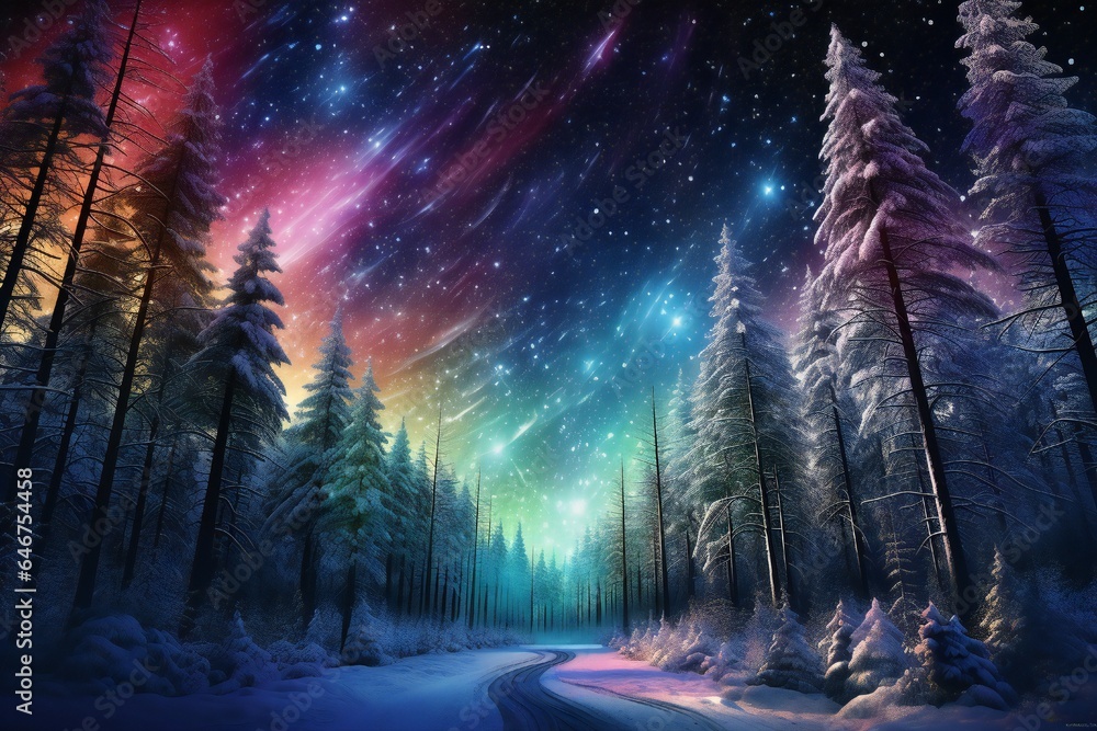 Magic Christmas trees forest in winter with northern lights Generative AI - obrazy, fototapety, plakaty 