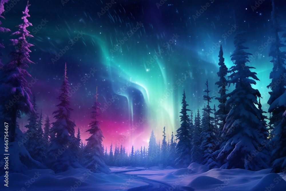 Magic Christmas trees forest in winter with northern lights Generative AI