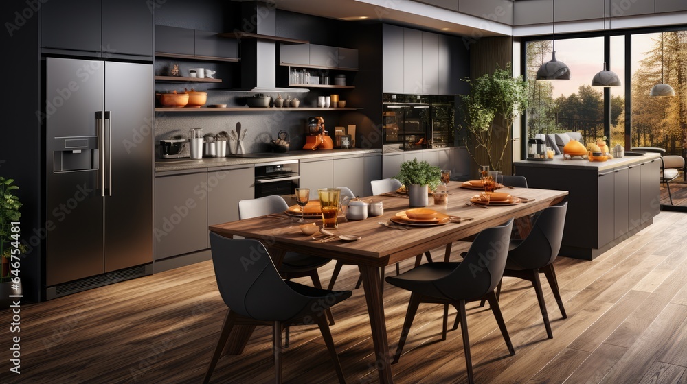Modern kitchen concept with dark gray furniture and shiny old wooden floor