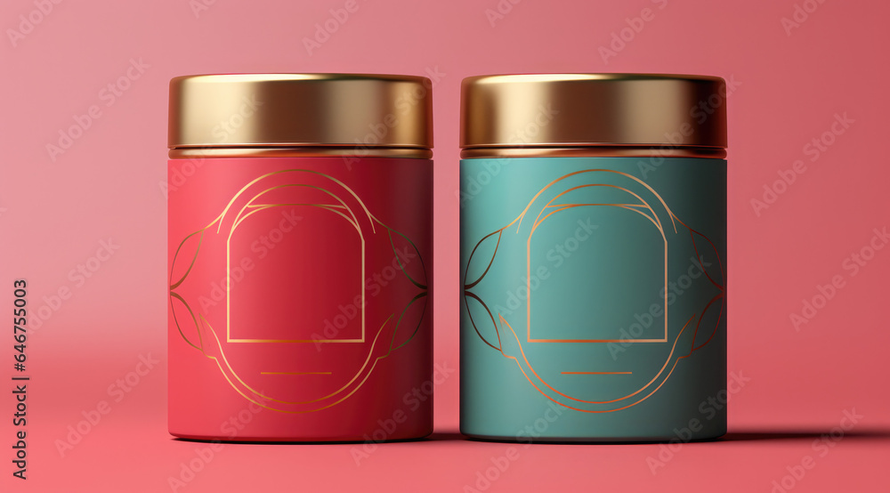 Two modern tea canister mockup template, red and blue, gold accents, red background Two modern tea canister mockup template, red and blue, gold accents, red background