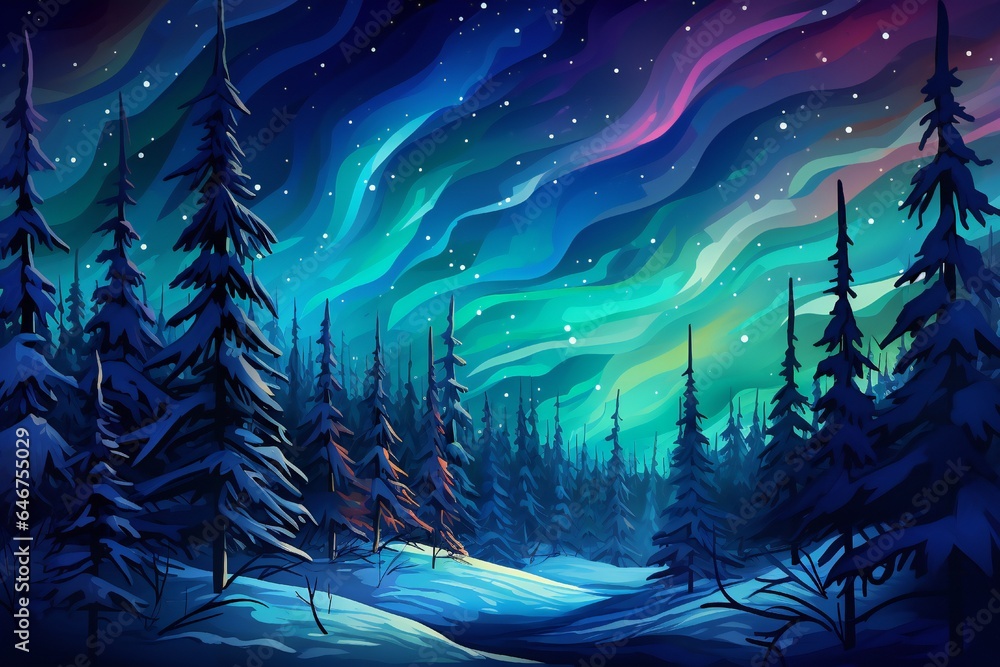 Fototapeta premium Magic Christmas trees forest in winter with northern lights Generative AI