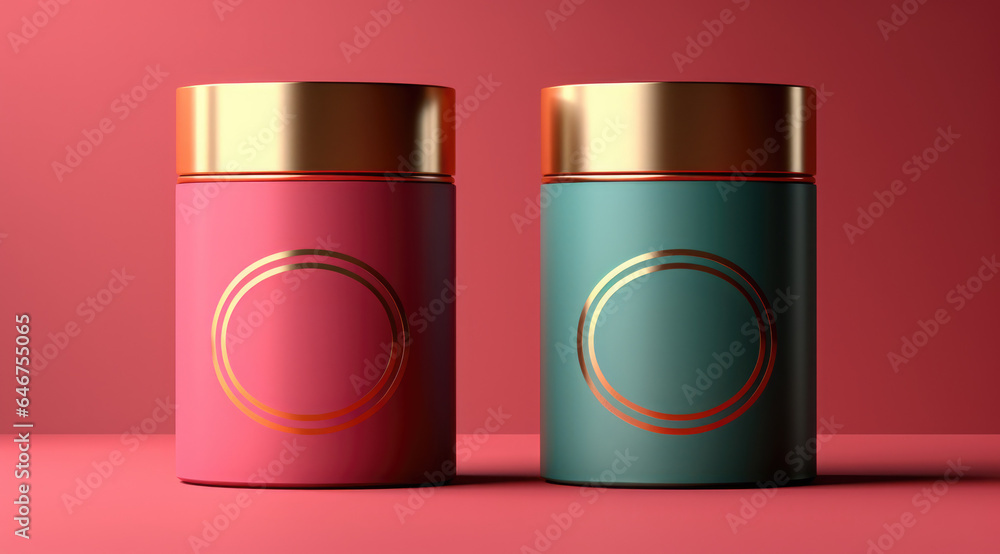 Two modern tea canister mockup template, red and blue, gold accents, red background Two modern tea canister mockup template, red and blue, gold accents, red background