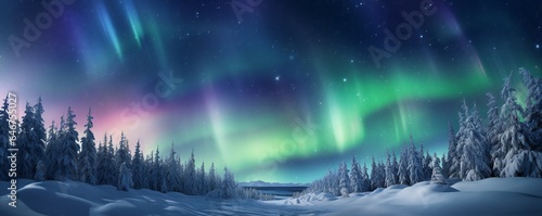 Magic Christmas trees forest in winter with northern lights Generative AI © LayerAce.com