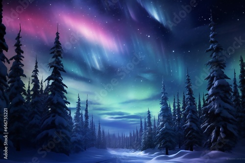 Magic Christmas trees forest in winter with northern lights Generative AI © LayerAce.com