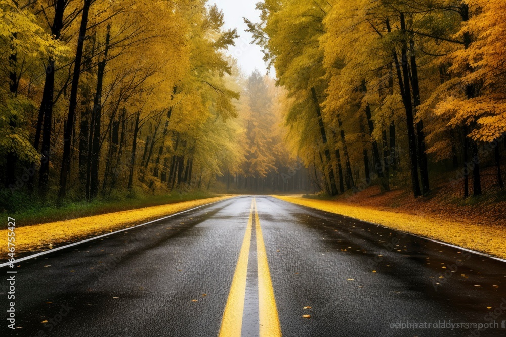 Asphalt concrete road with fallen leaves in autumn