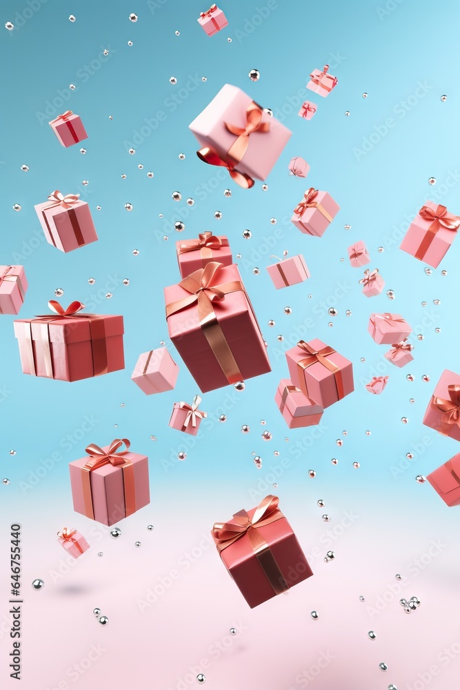 Christmas gifts flying in the air. New Year's concept in bright colors Christmas gifts flying in the air. New Year's concept in bright colors