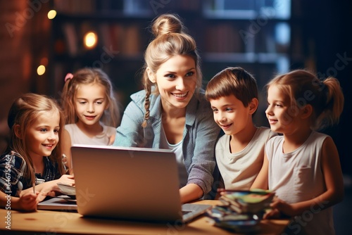 female teacher and student kids watching video together with laptop talking and laughing at class photo
