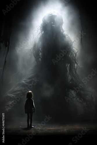Scary ghost and little girl in the dark with foggy background
