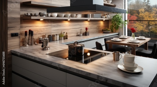 Modern kitchen interior with cooktop and chimney above the stove