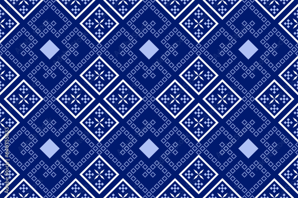 Fototapeta Indigo navy blue geometric traditional ethnic pattern Ikat seamless pattern border abstract design for fabric print cloth dress carpet curtains and sarong Aztec African Indian Indonesian
