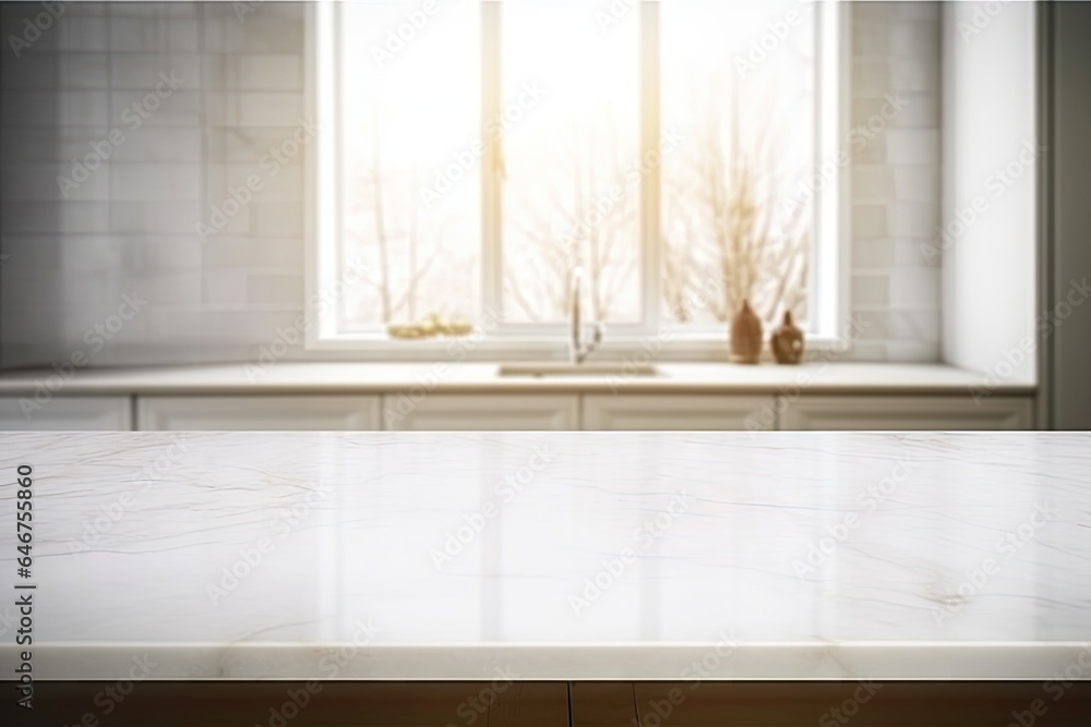 Empty marble table. White interior. Sleek and modern. Bright space. minimalist kitchen design. Clean and spacious Empty marble table. White interior. Sleek and modern. Bright space. minimalist kitchen design. Clean and spacious