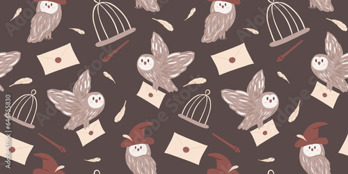 Fotografie seamless pattern with wizard objects - owl, wizard hat, magic wand, leaf, feather