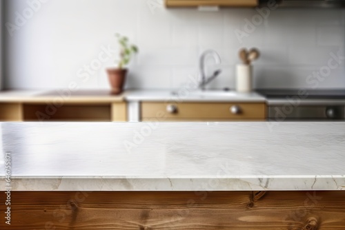 Empty marble table. White interior. Sleek and modern. Bright space. minimalist kitchen design. Clean and spacious