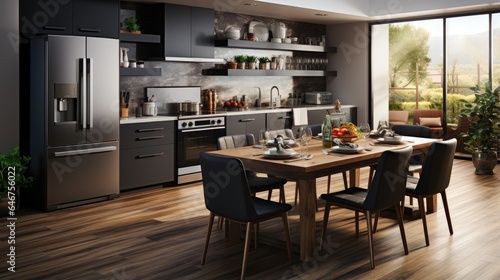 Modern kitchen interior with dark colored cabinets and refrigerator © MBRAMO