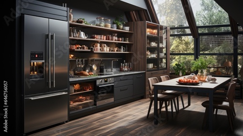 Modern kitchen interior with dark colored cabinets and refrigerator