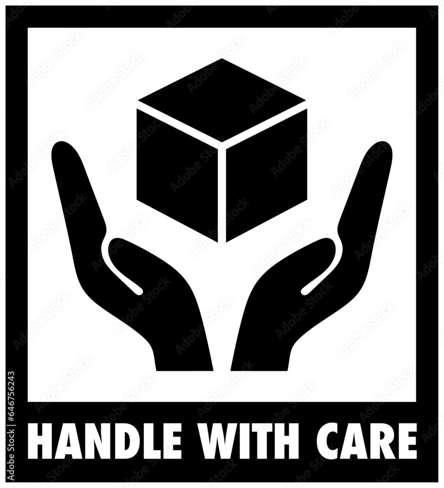 Handle with care icon with box in hands, black color, flat style fragile package symbol for logistics and delivery shipping labels, cargo packing warning vector sign. Handle with care icon with box in hands, black color, flat style fragile package symbol for logistics and delivery shipping labels, cargo packing warning vector sign.