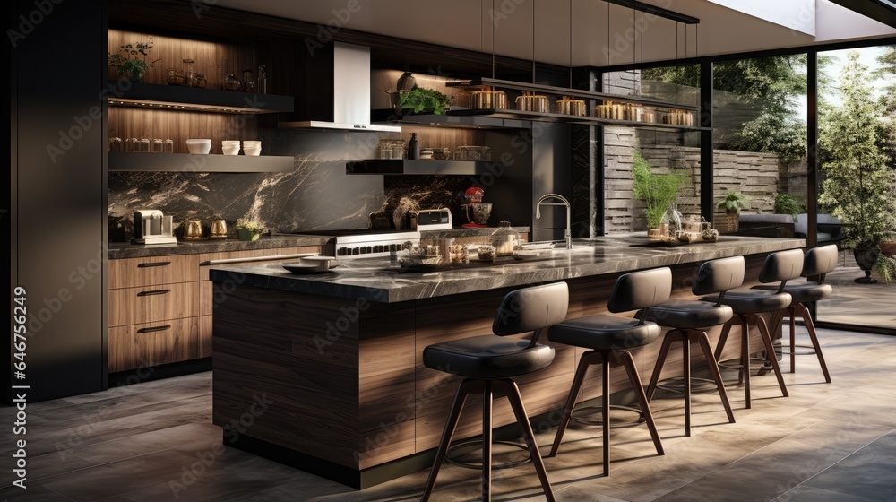 Modern kitchen interior with dark shades and bright collaboration