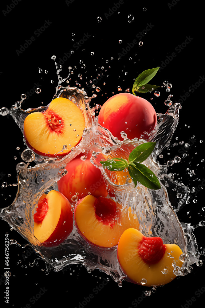 Peach in a water splash with black background Peach in a water splash with black background