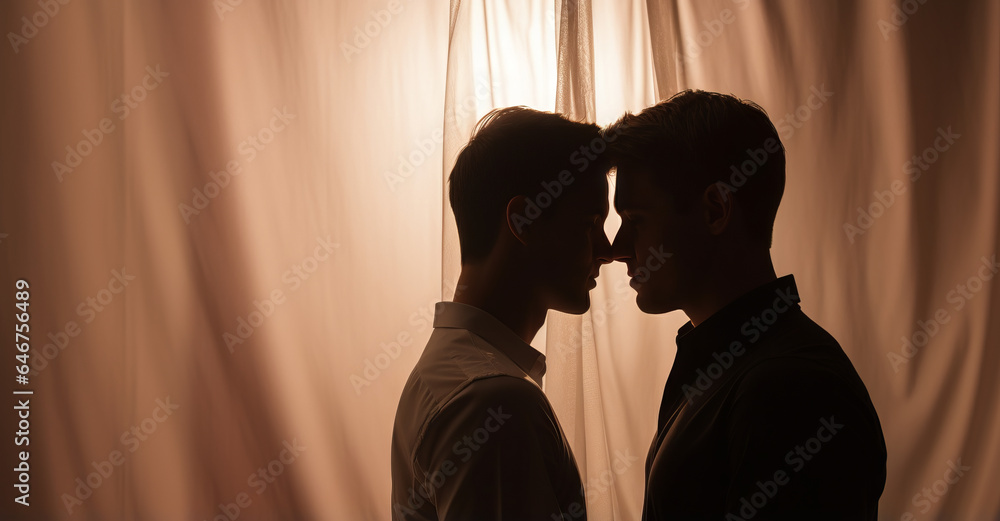 Gay couple being intimate in front of window