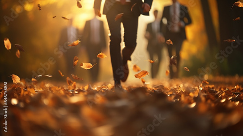 autumn falling leaves in the city park businessmen are running on yellow leaves joyfully scattering fallen leaves