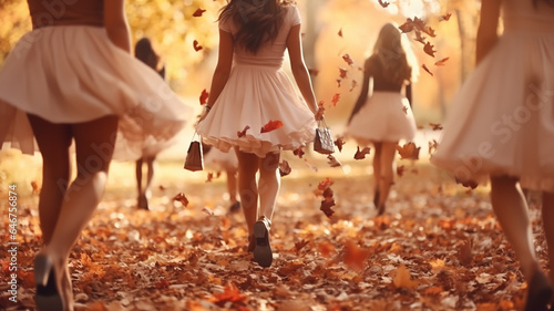 cheerful bachelorette party in an autumn park in leaf fall, girl in a light skirt against the background of autumn falling leaves and friends vacation in autumn