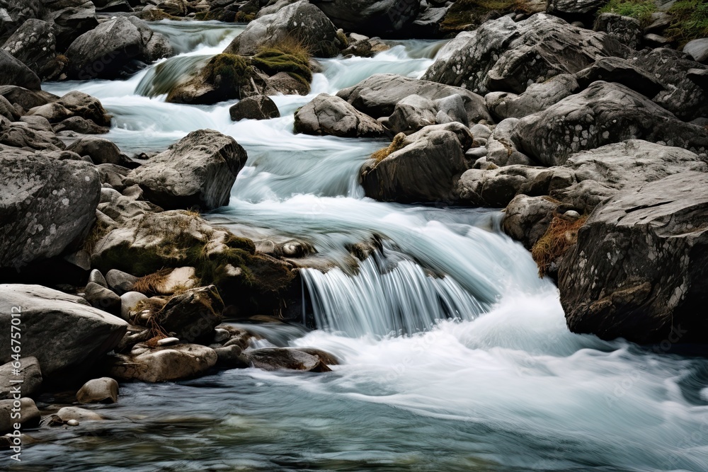 Water Flow Cascades over Rocky Landscape in Nature. Water Flow Cascades over Rocky Landscape in Nature.