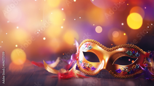carnival mask with golden feathers on bokeh background