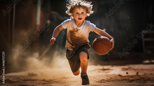 little boy playing basketball in the yard © Daniel