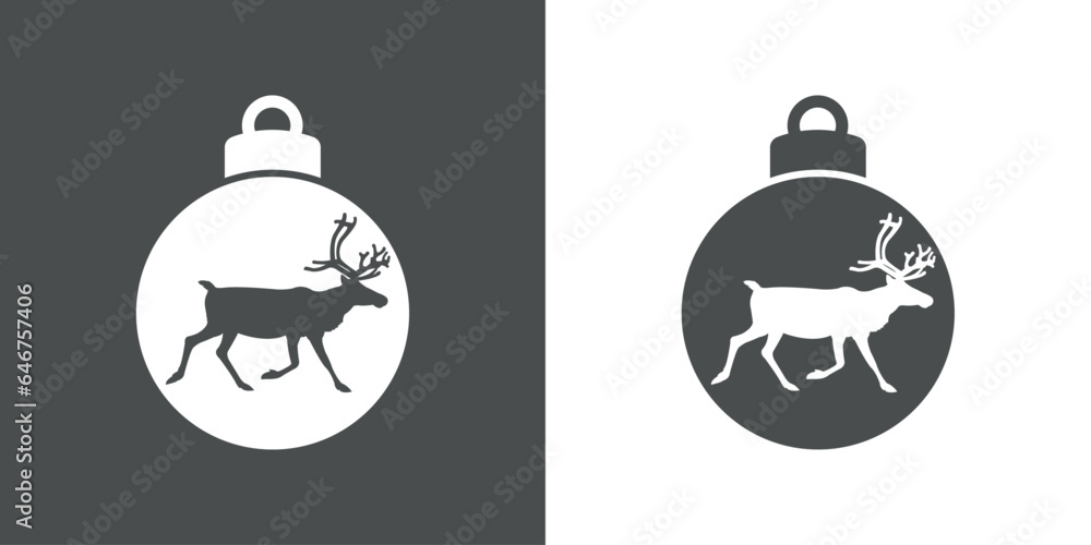 Tiempo de Navidad. Logo con silueta de bola de navidad con ciervo o reno Rudolph andando para su uso en invitaciones y felicitaciones Tiempo de Navidad. Logo con silueta de bola de navidad con ciervo o reno Rudolph andando para su uso en invitaciones y felicitaciones