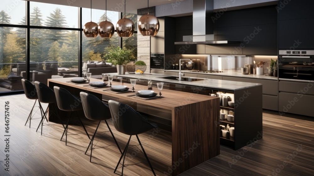 Modern kitchen with black cabinets, combined with white marble tables and shiny brown wooden floors