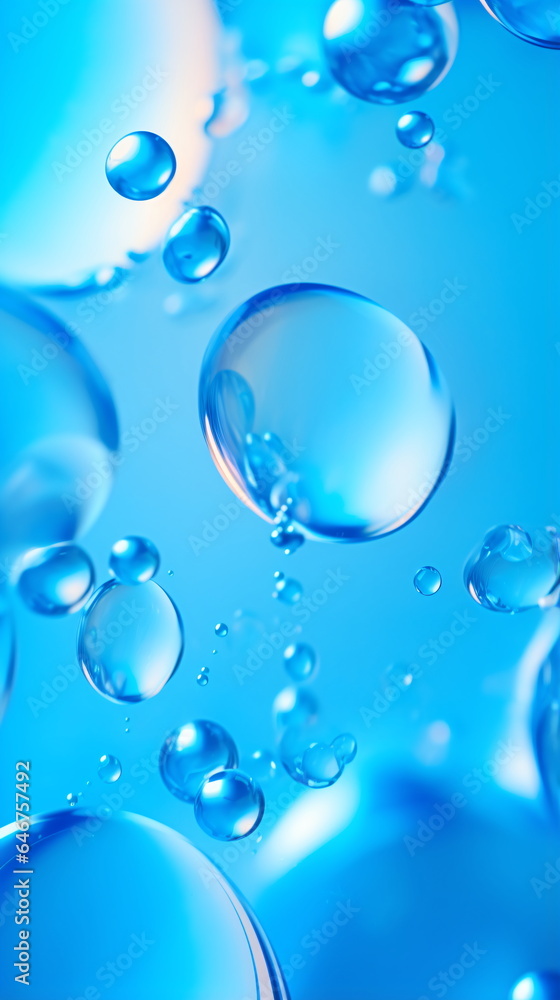 abstract underwater blue background with iridescent magical soap bubbles, wallpaper with glass balls or water drops. Generative ai