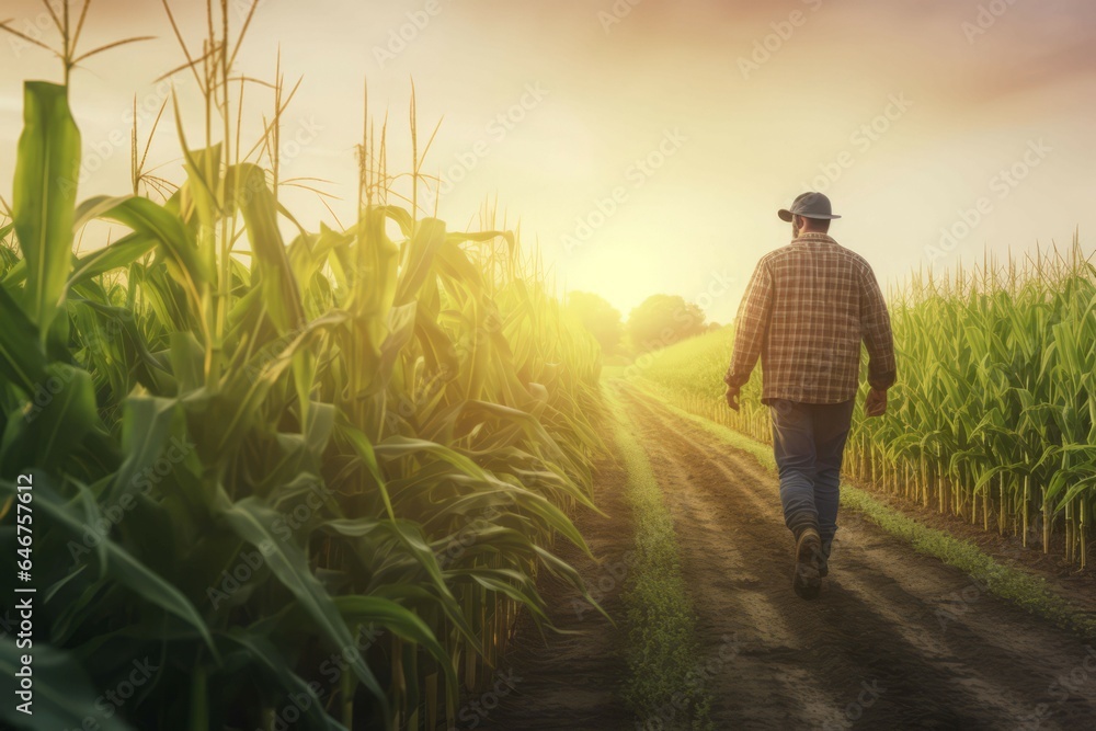 Fototapeta premium Farmer corn field walking. Generate Ai