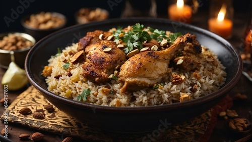 Delicious Arabic Chicken Biriyani Meal - Middle Eastern Cuisine, Rice with Nuts, Exotic Food Photography, Flavorful Dish 16:9