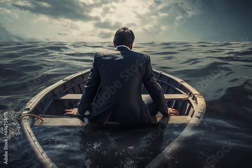 Businessman in a sinking boat in the ocean. 