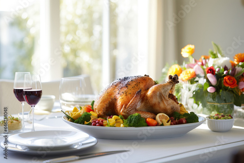 festive turkey on the table, light shades