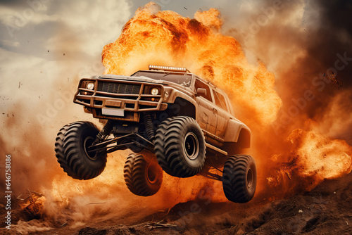 monster truck leaping over fire